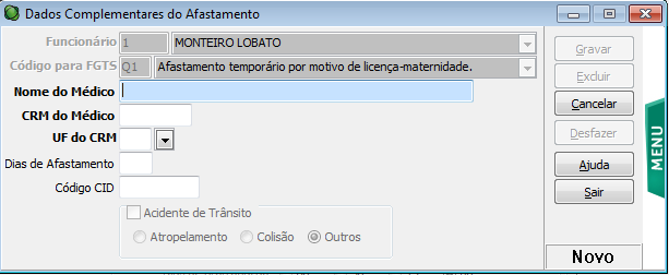 Nesta tela devem ser informados mais alguns dados do médico, dias de afastamento, CID e caso tenha sido acidente de transito o tipo.