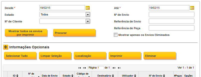 LISTA DE ENVIOS Selecione Lista de Envios para ver os envios criados Pode filtrar os envios com os diferentes critérios de pesquisa.