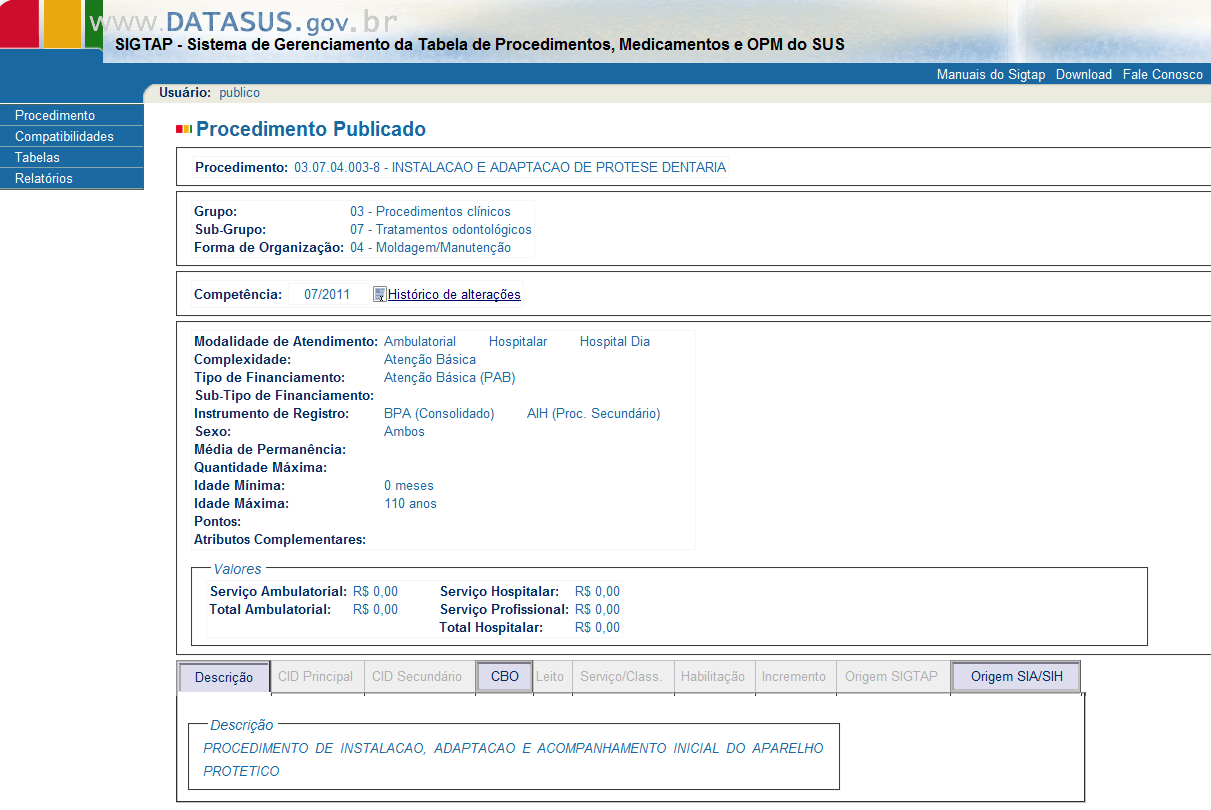 Registro da produção de prótese dentária Unidade de Saúde