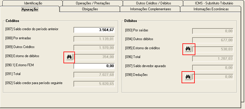 Os campos 077, 084 e 086 (Valor retido) são preenchidos com os valores da Alíquota ICMF das notas correspondentes, de Entrada ou Saída, de acordo com os CFOP s.