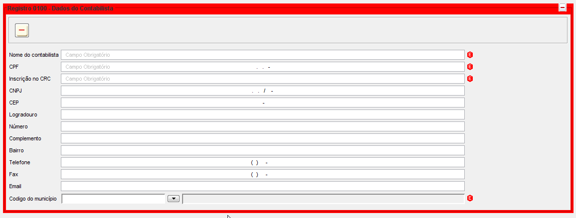 Erro: 1_REG Origem: Contabilista não foi informado. Solução: Seguir procedimento das páginas 11 e 16 do Manual da RMS - SPED.