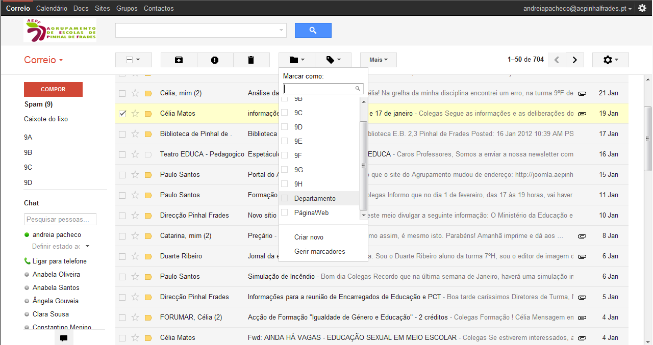 Organizar as mensagens no Gmail Criar um marcador (funcionam como pastas): 1. Clicar em Mais, na parte inferior da lista de marcadores. 2. Clicar em Criar novo marcador. 3.