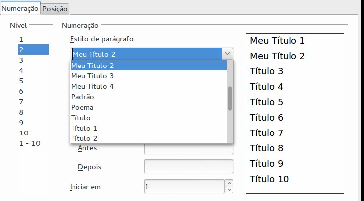 Figura 28: Selecionar estilos de parágrafo para níveis de tópico 3) Em Numeração: seção Estilo de parágrafo, selecione a partir da lista combinada o estilo que deseja atribuir àquele nível de título.