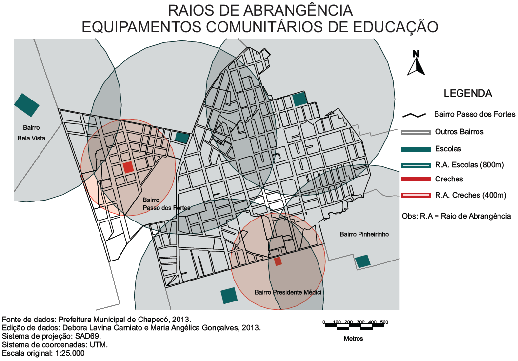 Fonte: CARNIATO, 2013. Fonte: GONÇALVES, 2013 Também foi possível a criação de mapas que mostram o raio de abrangência dos equipamentos comunitários de diferentes classificações.