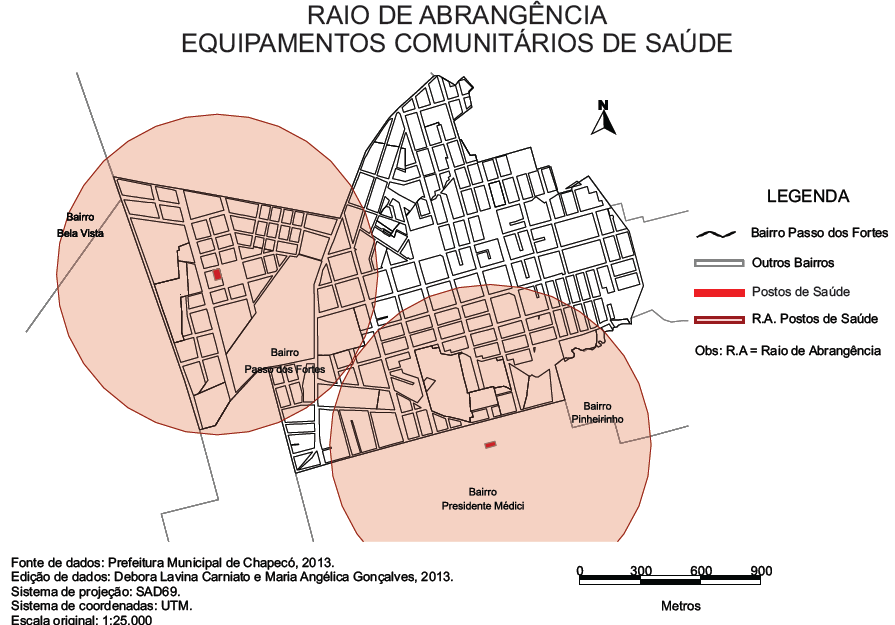 Mapa 04 Raio de abrangência dos equipamentos comunitários de saúde. Fonte: CARNIATO; GONÇALVES, 2013.