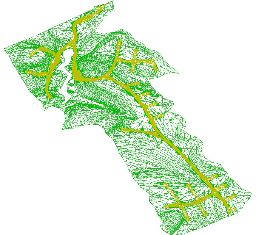 Feita a sobreposição do arruamento e da área do loteamento, temos o arquivo em 3D do Modelo Digital do Terreno, Figura 17: Figura 17: Arquivo Jmdt.