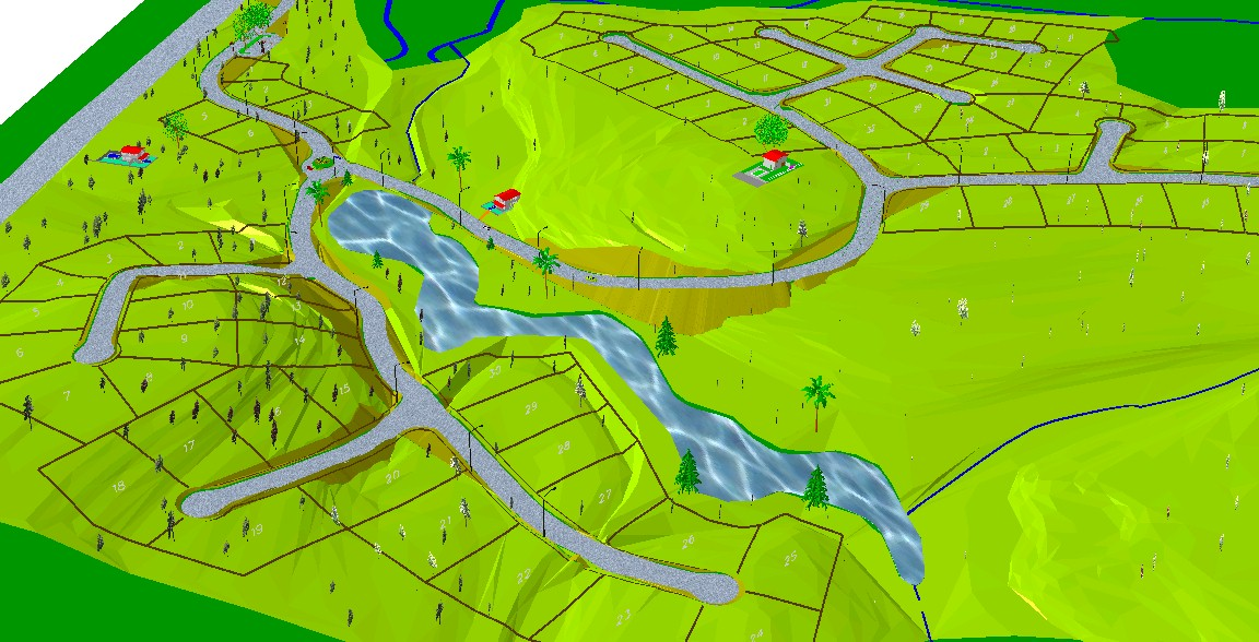 Na maquete eletrônica a escolha do lote e sua proximidade às áreas de interesse, como a lagoa, podem ser facilmente visualizadas.