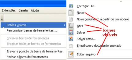 Figura 7: Seleção de ícones visíveis na barra de ferramenta Menus do botão direito do mouse (menus de contexto) Clique com o botão direito do mouse em um parágrafo, gráfico, ou outro objeto para