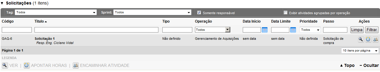 JExperts Tecnlgia Slicitações O camp slicitações exibe as perações slicitadas a usuári lgad. Também sã exibidas suas datas de iníci e términ, priridade e pass.