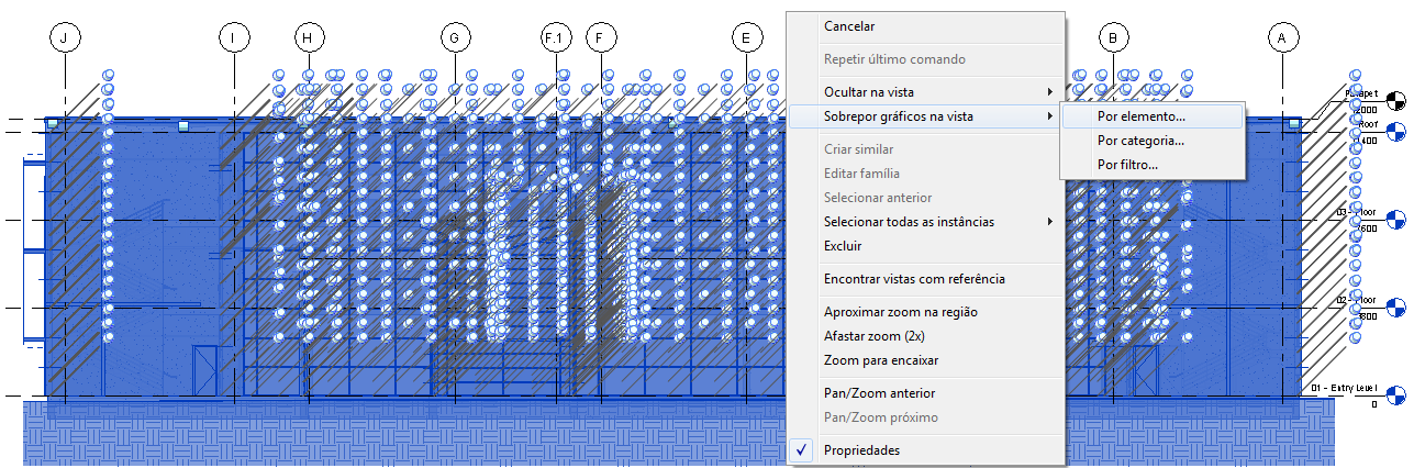 Para a visualização de toda a elevação leste é preciso que o parâmetro Deslocamento do Recorte Afastado tenha o comprimento igual à 55000mm, conforme podemos ver no quadro de propriedades da