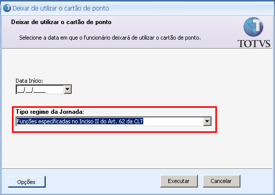 Ao abrir a tela do processo Deixar de utilizar o cartão de Ponto, informar no campo Data de Início a data de quando o funcionário deixou de utilizar o cartão de ponto e informar um dos dois tipos de