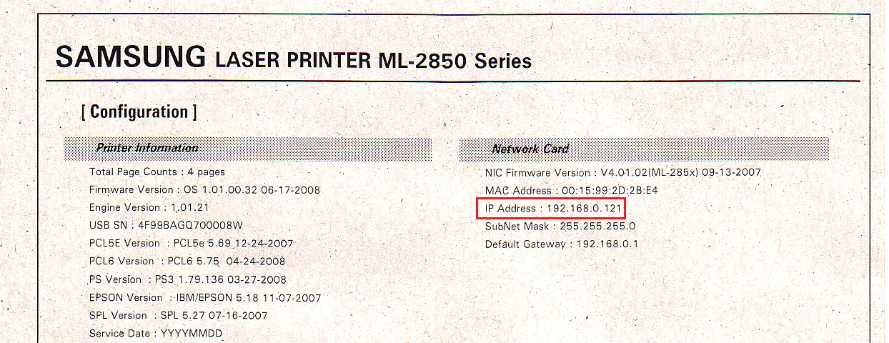A impressora irá imprimir uma página contendo as configurações padrões, como ilustra a figura abaixo.