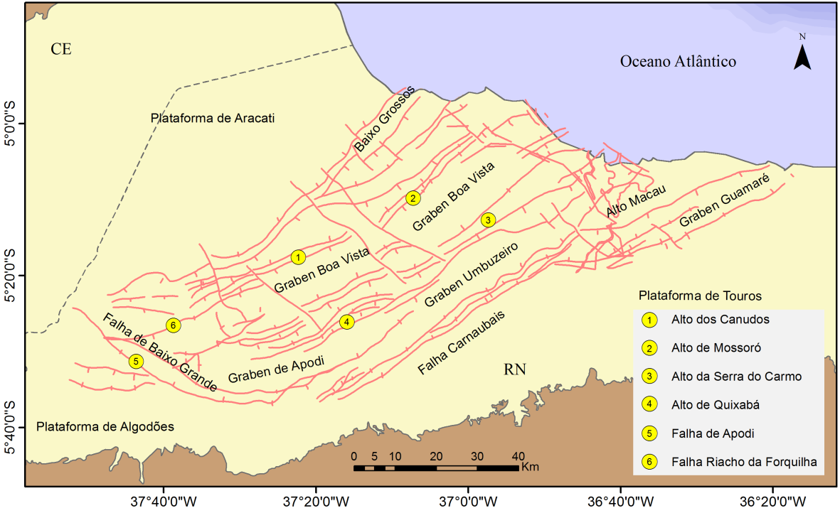 Figura 4. Mapa estrutural da porção emersa da Bacia Potiguar (fontes: Angelim et al., 2006, Hoerlle et al. 2007).