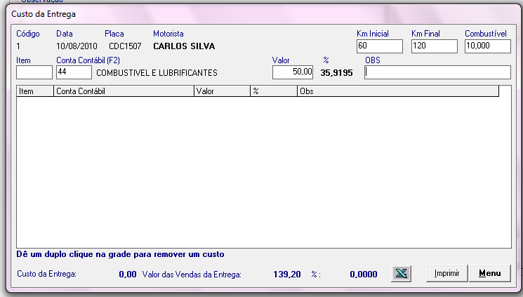 Informar Custos da Entrega Informe a Kilometragem inicial e final do veículo ; Informe a Qtde de Combustível em litros no