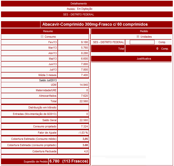 Resumo do pedido de medicamento Para abrir a janela de digitação do pedido de medicamento, basta clicar sobre o nome do medicamento correspondente.