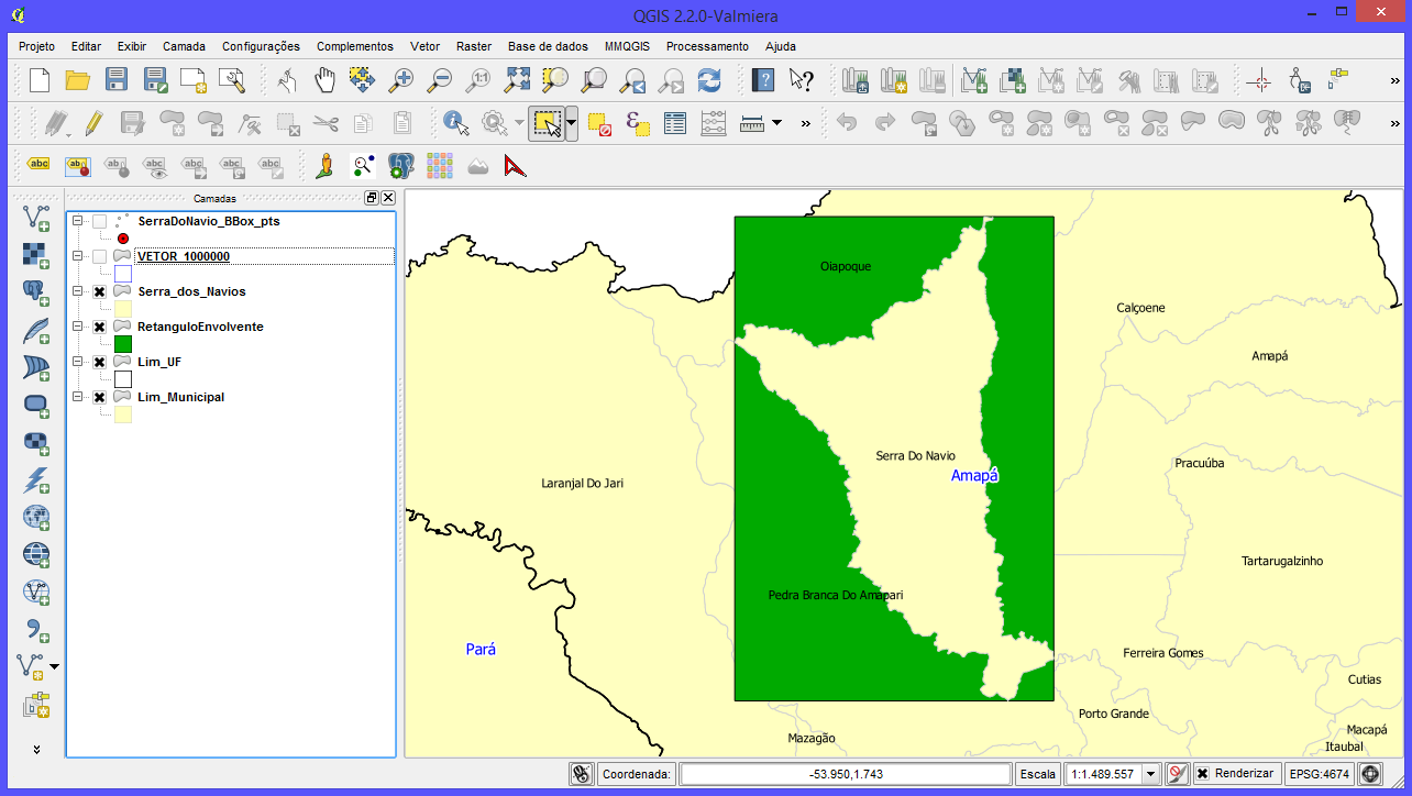 As ferramentas para desenho vetorial no QGIS são precisas e cumprem o serviço. Abaixo temos o Retângulo Envolvente desenhado sobre o município de Serra dos Navios-AP: Figura 26.