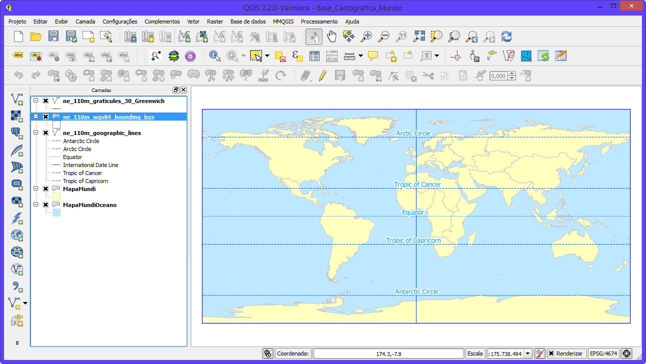 1.2.3 Base Cartográfica Vetorial do Mundo (WGS 1984) Faça o download do shapefile dos continentes, linhas internacionais, paralelos, meridianos e da articulação vetorial UTM Zone que contém a