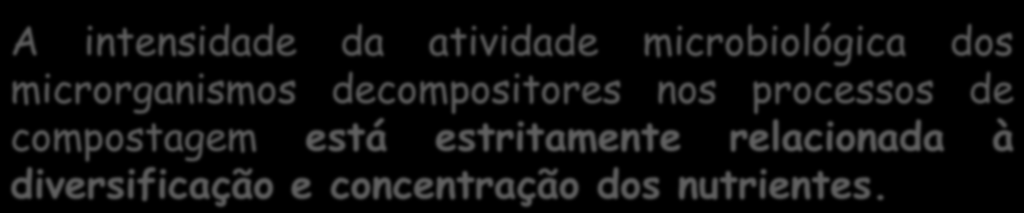 Controle do processo Nutrientes Concentração de nutrientes A intensidade da atividade microbiológica dos microrganismos decompositores nos processos de compostagem está estritamente relacionada à