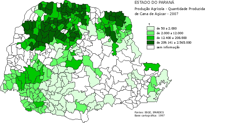 Luiz Gustavo Antonio de Souza, Marcia Azanha Ferraz Dias de Moraes Figura 2 Distribuição da produção de cana-de-açúcar no Paraná em 2007 Fonte: IPARDES (2009).