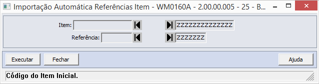 Ao clicar no botão Importação On-line o sistema abrirá o programa WM0160A onde serão solicitados os seguintes dados ao usuário: Item Informar as