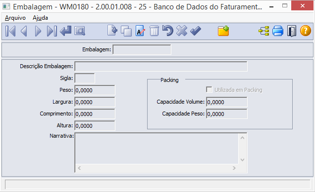 Packing Quando assinalada essa opção o sistema entende que esta embalagem também é utilizada com embalagem de Packing (embalagem de despacho); o Capacidade Volume Informar uma quantidade que