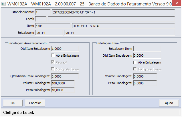 O sistema não permitirá que uma embalagem seja desassociada do item caso o mesmo possua saldos no WMS.