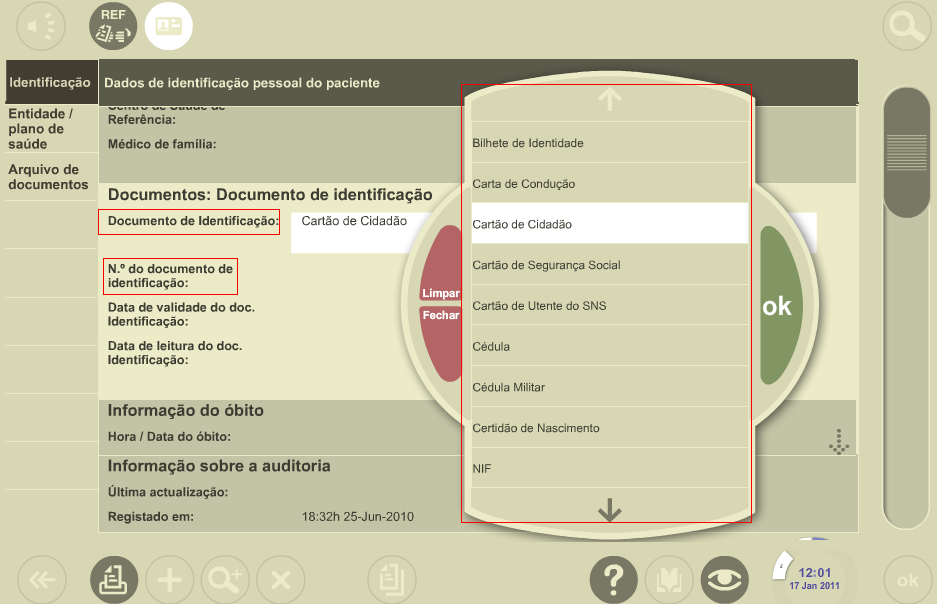 Nvas Funcinalidades Médic de família Dcuments: Dcument de identificaçã Dcument de identificaçã Nº d dcument de identificaçã Data de leitura d dc.