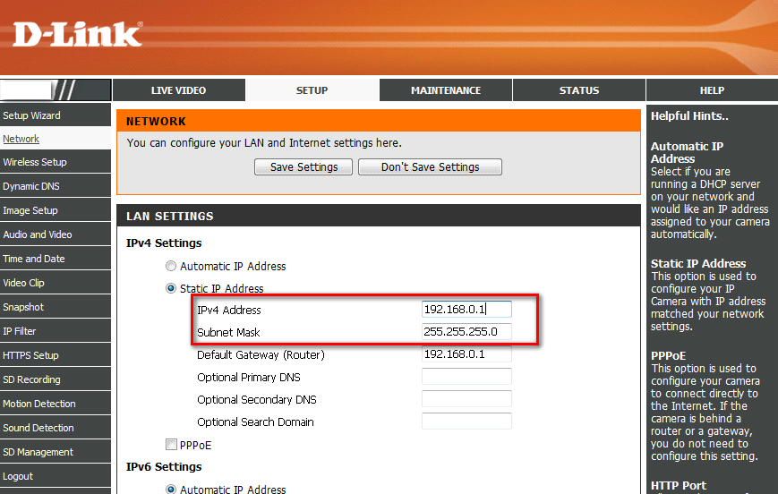 Etapa 4: Vá para Network Setup (Configuração de rede) e selecione a opção Static IP Address (Endereço IP estático) Etapa 5: Mude o IPv4 Address