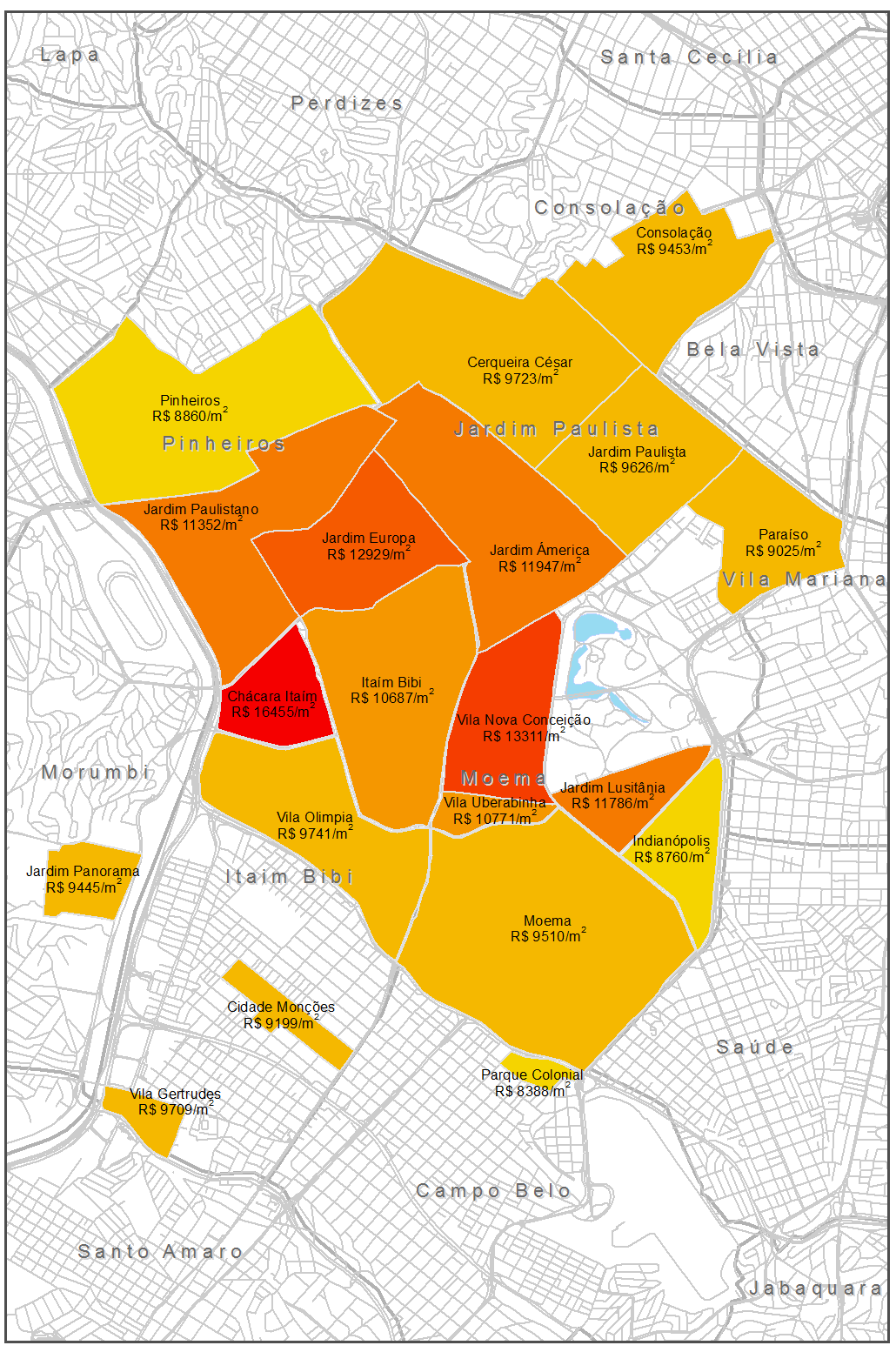 Gráfico 5: Mapa de calor dos vinte bairros mais valorizados medido em preço médio