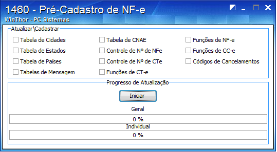 d) Acesse a rotina 1460 Pré-Cadastro de NF-e, marque todas as opções e clique em Iniciar para concluir o processo de pós-atualização e clique em OK. 2.