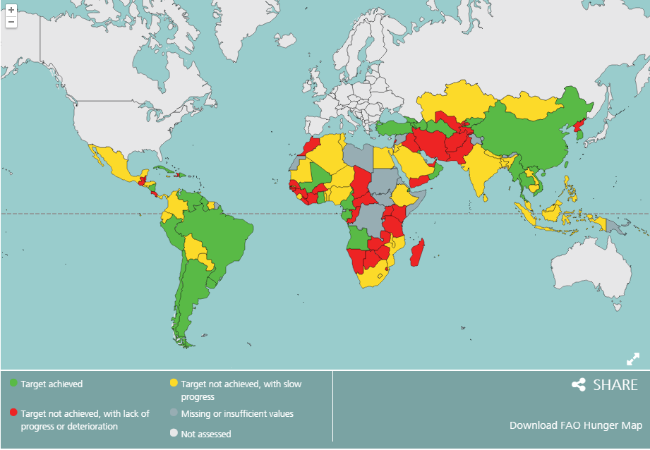 Mapa do Cumprimento da Meta dos Objetivos de Desenvolvimento do Milênio (Diminuir o percentual de pessoas subalimentadas pela metade entre 1990