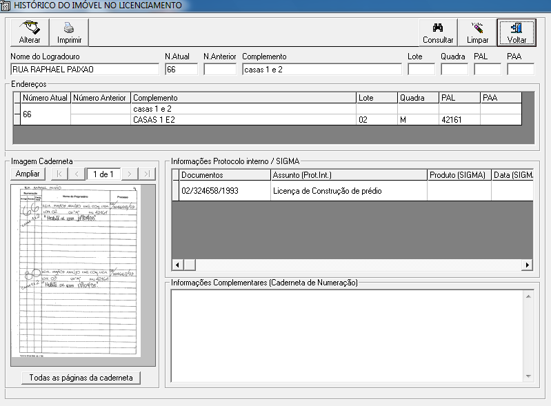 SISLIC - Caderneta de Numeração - registro dos processos que constam para