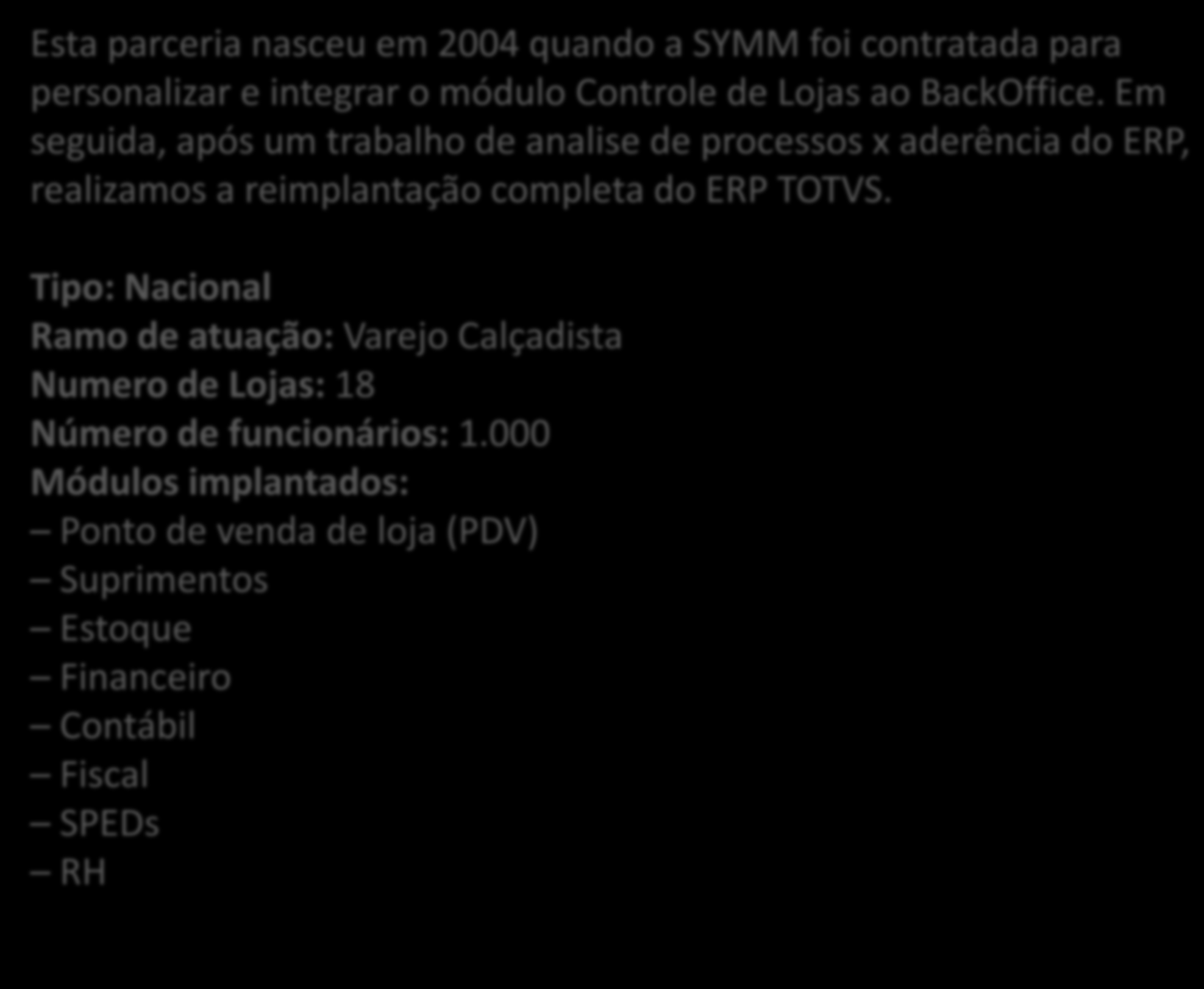 Esta parceria nasceu em 2004 quando a SYMM foi contratada para personalizar e integrar o módulo Controle de Lojas ao BackOffice.