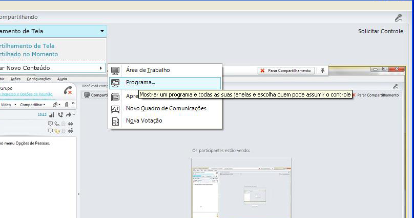 Na barra de controle, pode-se repassar o controle da Área de trabalho para um dos participantes em Conceder Controle. O botão Parar Compartilhamento suspende o compartilhamento da Área de trabalho.