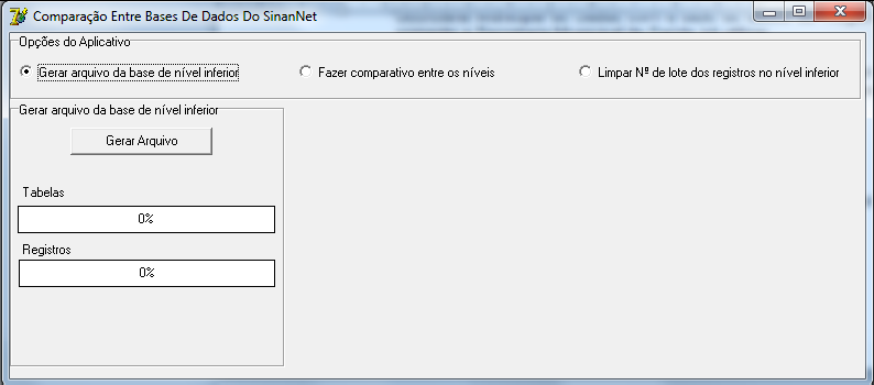 Aplicativo Compara Bases Gerar arquivo da base de nível inferior Utilizada pela instalação de nível Inferior na relação de comparação de bases.