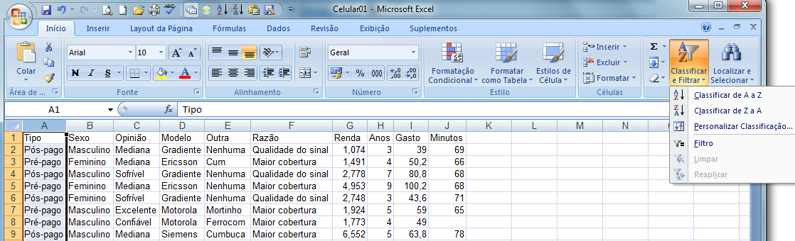 Observe as variáveis nas colunas e os dados nas linhas. Imagine que queremos estudar a variável qualitativa Tipo, usando filtragem.