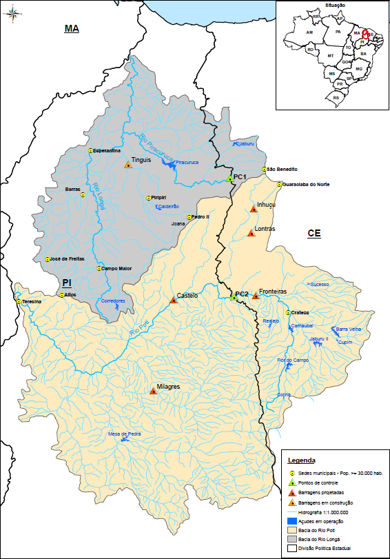 Figura 2: Bacias dos rios Poti e Longá Grande parte das duas bacias localiza-se em região semiárida, com seus rios apresentando trechos naturalmente intermitentes.