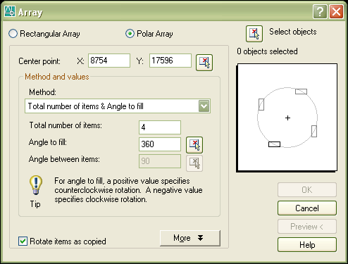 24 Apostila AutoCAD com Objetividade Polar: Center point: Ponto de referência para a rotação. Total number of item: Número de objetos ao final da operação. Angle to fit: Extensão angular das cópias.
