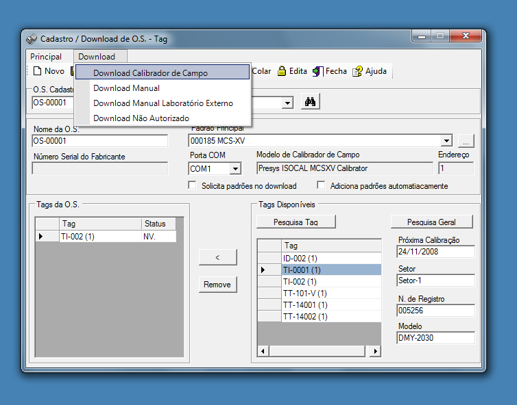 5.6 - Download/Upload Possibilidade de diversos tipos de Download e Upload: - Manual: com digitação dos dados de calibração.