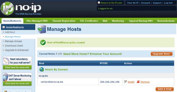 Host criado com sucesso 10. Verifique se o servidor DNS está funcionando corretamente.