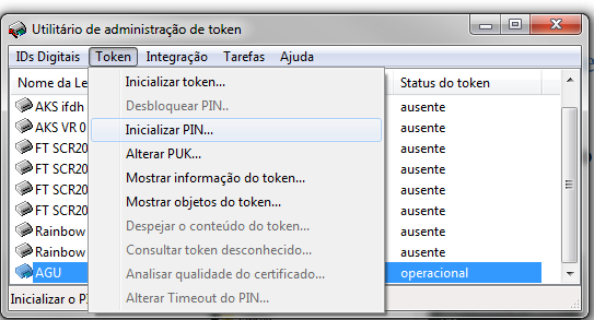 Clique no menu Token, submenu Inicializar PIN ou Alterar PIN ou Alterar PIN de