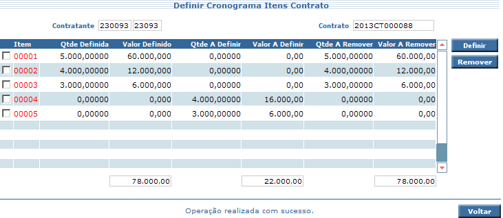 O sistema retorna à tela Definir Cronograma Itens Contrato.