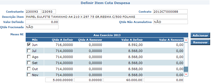 Na Aba Item, o sistema exibe o(s) item(ns) do contrato. Para distribuir o(s) item(ns) ao(s) local(is) de execução associado(s) ao contrato, selecione um item e pressione Definir.