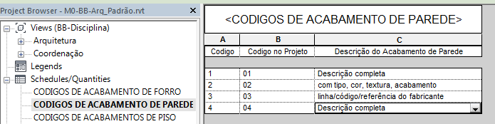 O preenchimento dos acabamentos deve ser feito nas planilhas respetivas para piso, parede e teto, atribuindo-se um código sequencial com a discriminação completa (tipo, cor, textura, acabamento,