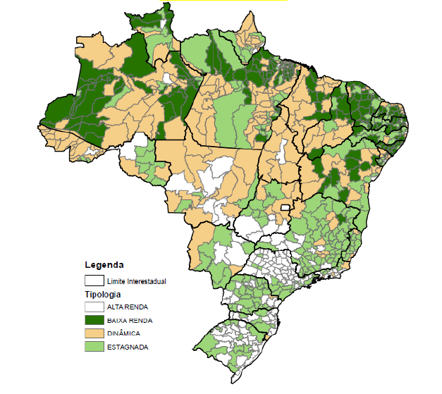 regiões de baixa renda e estagnadas nas macrorregiões Norte, Nordeste e Centro-Oeste, mas também se encontram bolsões de pobreza nas regiões Sul e Sudeste do país, que demandam uma ação consistente