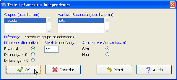 4.2 Teste t para Amostras Independentes 33 t para amostras independentes sobre o conjuto de dados ativo, siga os seguintes passos: [Estatísticas] [Médias] [Teste t para amostras independentes...] (Fig.