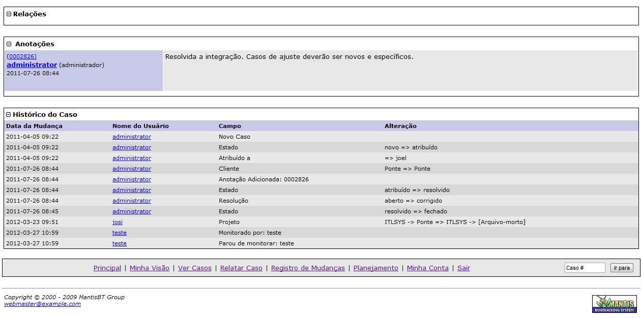 Na visualização, o usuário poderá verificar os casos: Não atribuídos; Resolvidos; Monitorados por mim; Relatados por mim; Modificados recentemente; Para visualizar os detalhes, basta o usuário clicar