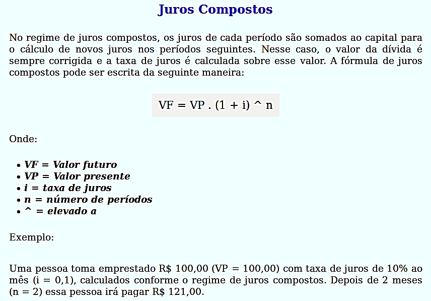 Figura 3. Página de Juros Compostos (Página 03). Características específicas para a Página 03: Nome do arquivo HTML para a página deve ser definido como: CalculoJurosCompostos.