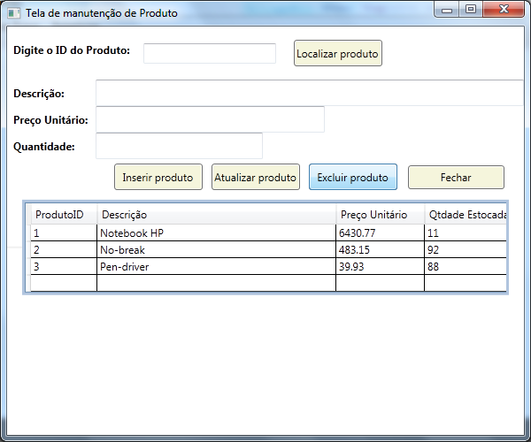 Figura 5: Janela para cadastro de produtos XAML da janela Cadastrar Produto <Window x:class="sistemapontovenda.jproduto" xmlns="http://schemas.microsoft.