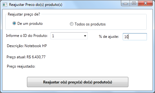 Figura 6: Janela para reajustar preços dos produtos XAML da janela reajustar preço <Window x:class="sistemapontovenda.jreajustarpreco" xmlns="http://schemas.microsoft.